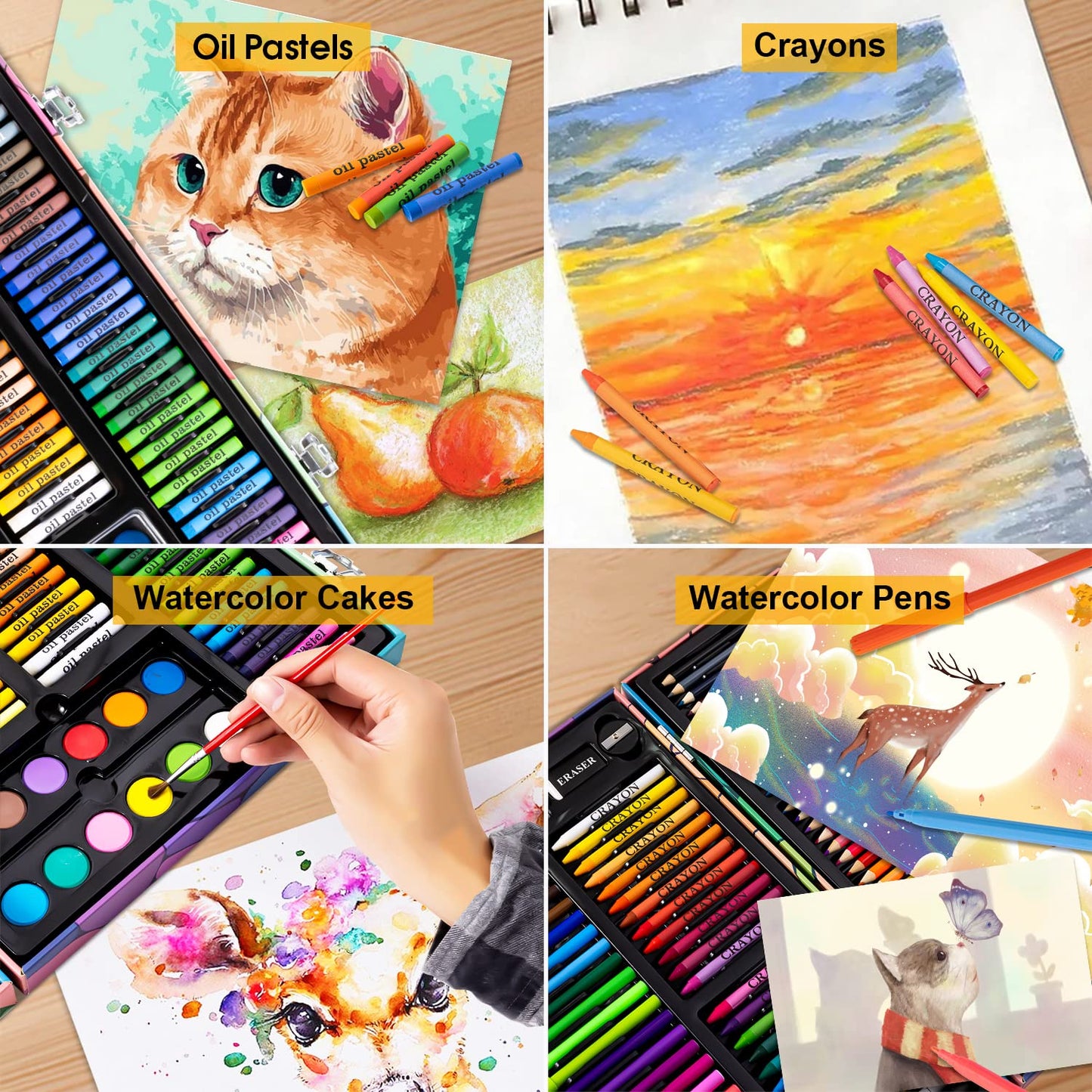 Art Supplies, 180 Piece Drawing Painting Art Kit with Clipboard and Coloring Papers, Gifts Art Set Case with Oil Pastels, Crayons, Colored Pencils, Watercolor Cakes