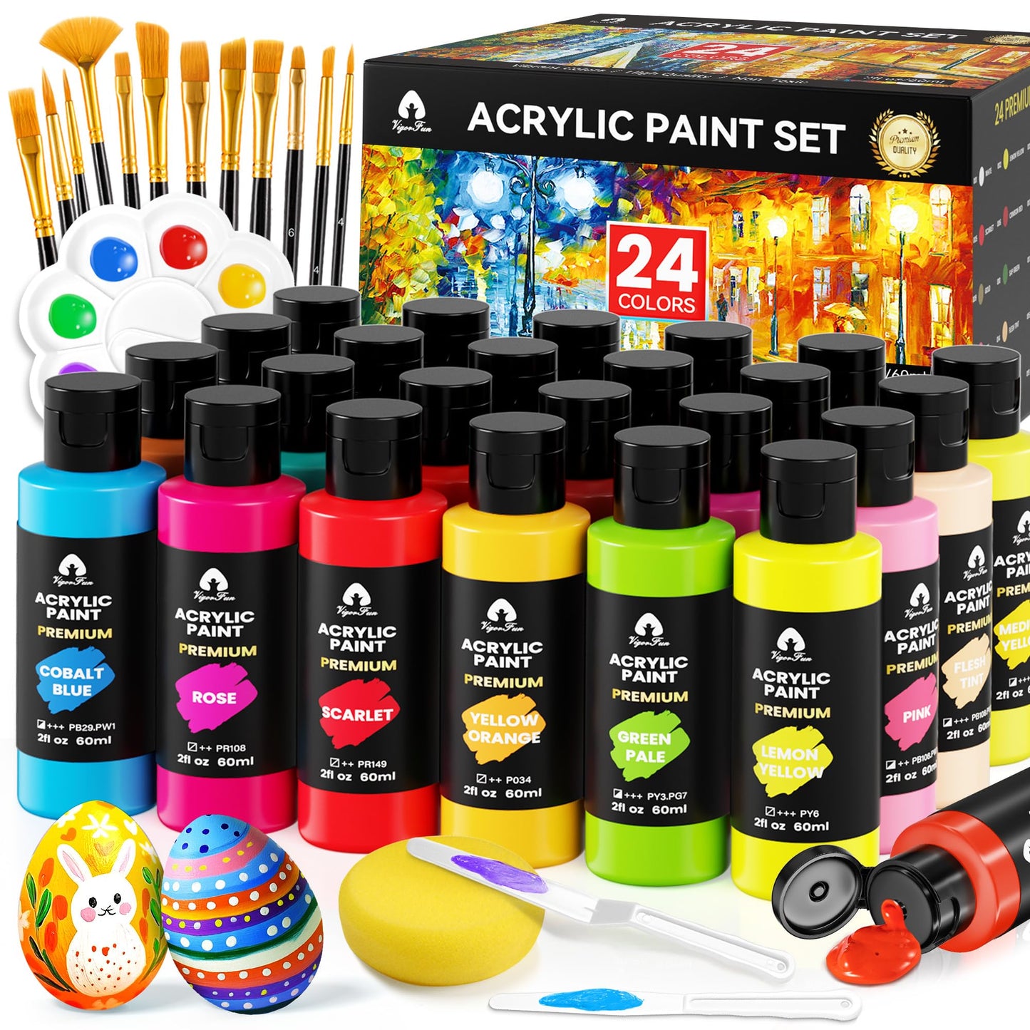 40 Pcs Acrylic Paint Set with 12 Brushes, 2 Knives & Palette - 24 Colors (2oz/60ml) for Adults, Kids, Artists & Beginners - Easter Basket Stuffers, Rock & Egg Painting Kit