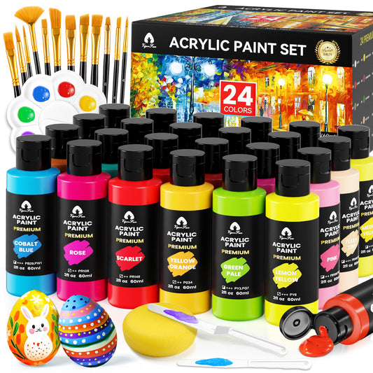 40 Pcs Acrylic Paint Set with 12 Brushes, 2 Knives & Palette - 24 Colors (2oz/60ml) for Adults, Kids, Artists & Beginners - Easter Basket Stuffers, Rock & Egg Painting Kit