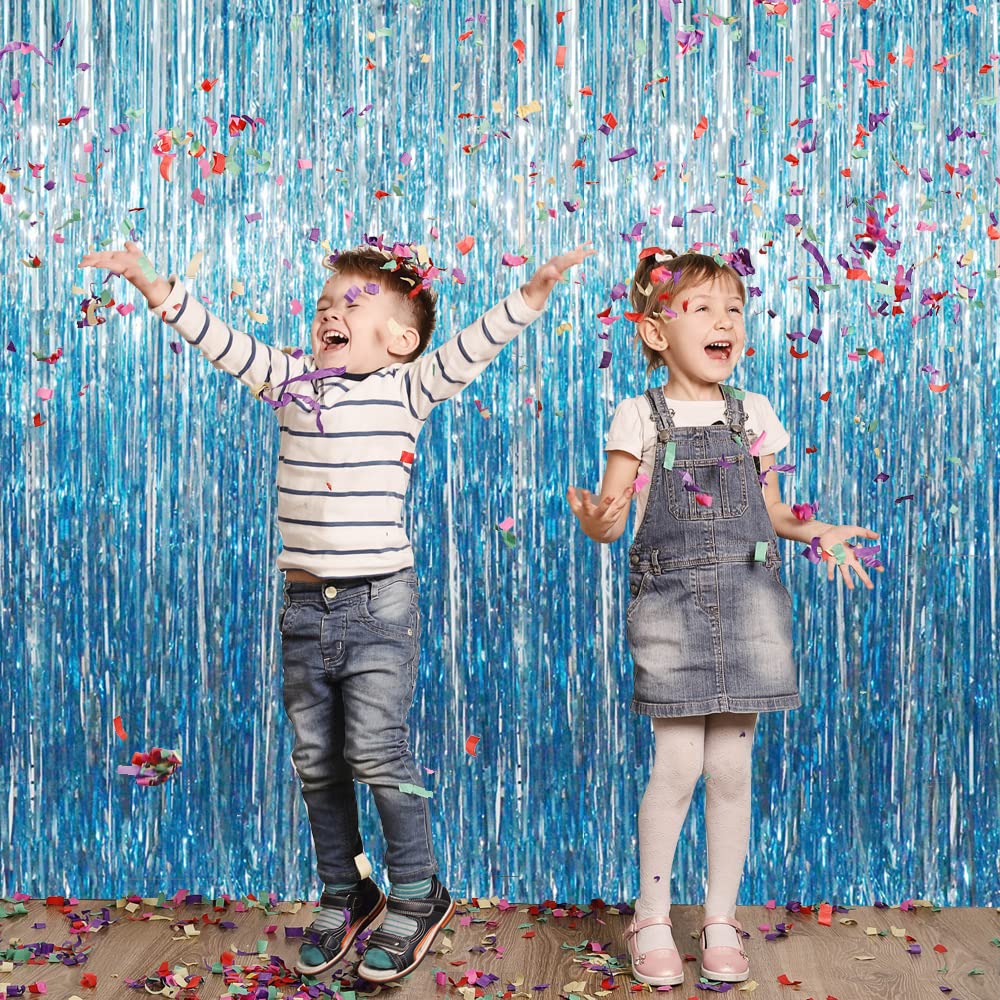 6.4 ft x 9.8 ft Metallic Tinsel Foil Fringe Curtains,Pack of 2 Party Streamer Backdrop for Birthday,Graduation Decorations and New Year Eve (Light Blue)