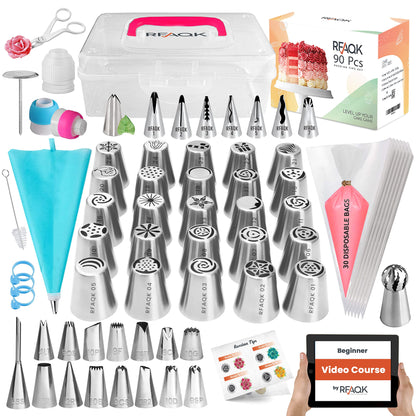 90 Pieces Russian Piping Tips Set, Includes Piping Bags and Tips Set,25 Russian Tips,16 Icing Tips,7 Ruffle Piping Tips, Ball Tip, 31 Pastry Bags & Video Course for Cookie, Cupcake & Cake Decoration