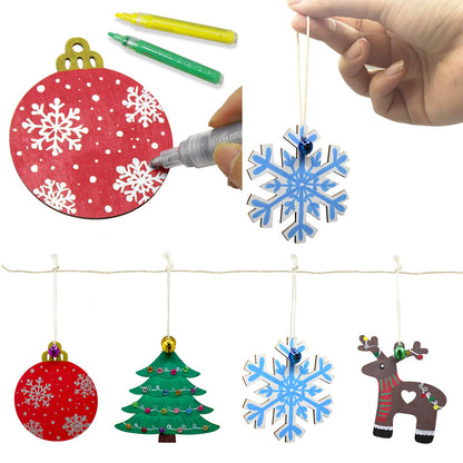 40 Pcs Wooden Ornaments Unfinished Christmas DIY Ornaments Craft Kit, Christmas Wood Ornaments with Bells, Wax Rope and Rhinestone Stickers for Children Arts and Crafts Supplies