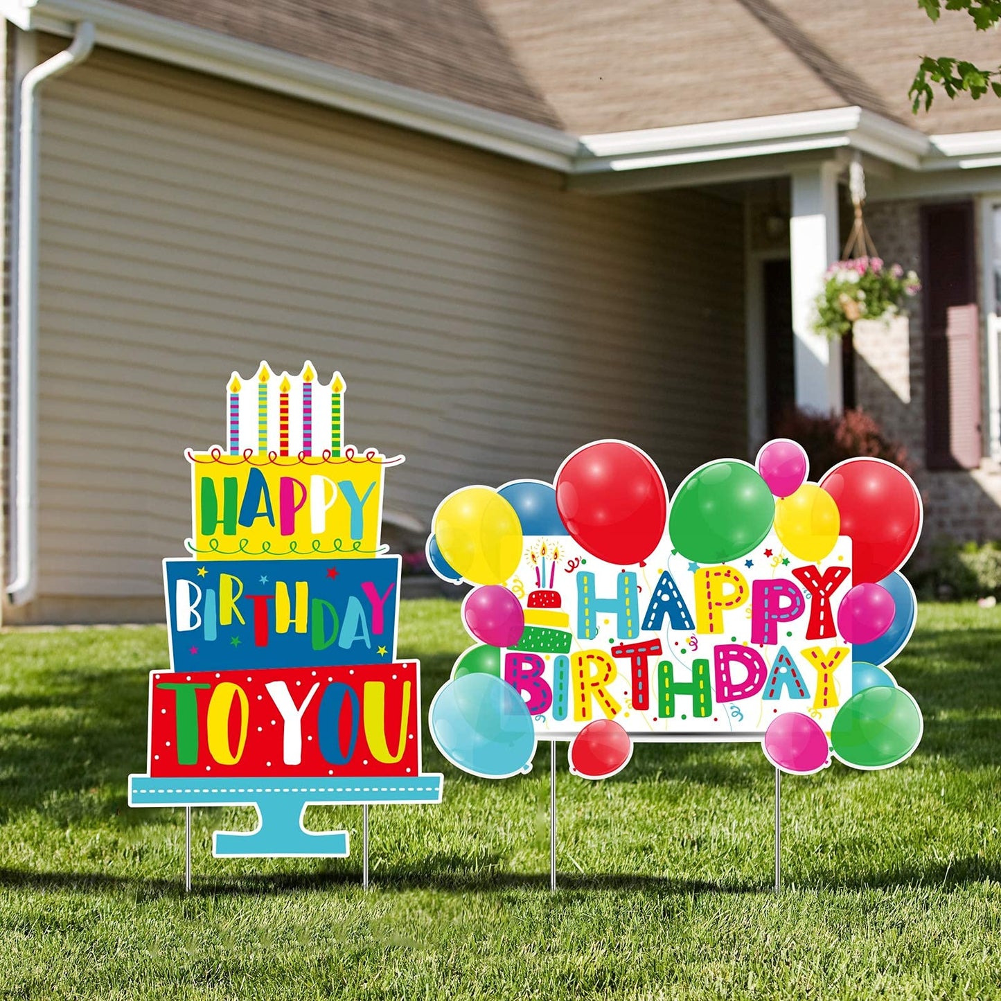2 Pack Outdoor Lawn Decorations - Birthday Cake & Balloons Yard Signs with Stakes for Home Party Decorations