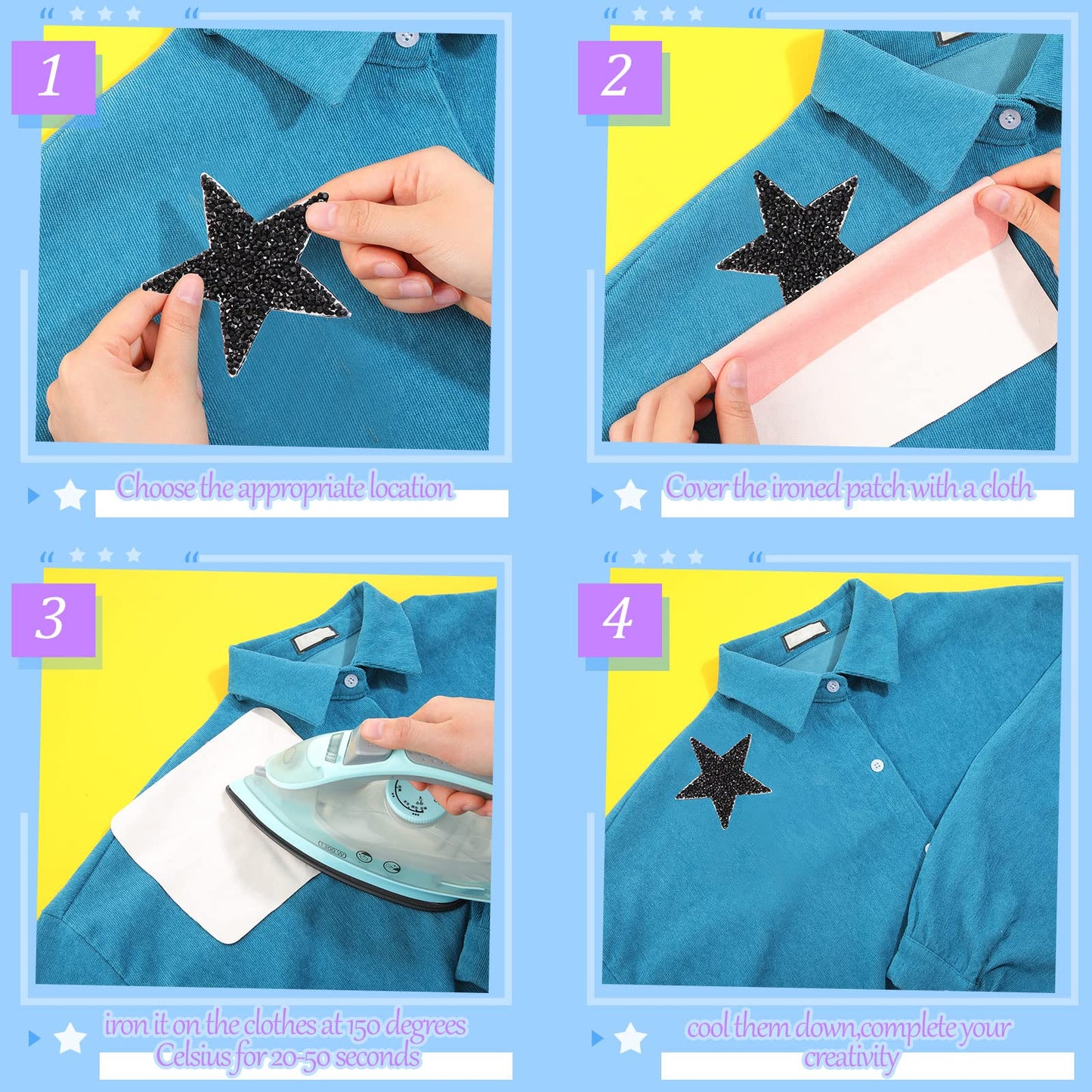 60 Pcs Iron on Star Patches Star Shaped Rhinestone Appliques Adhesive Glitter Patches Rhinestone Appliques Embellishments for DIY(Black, Gray)