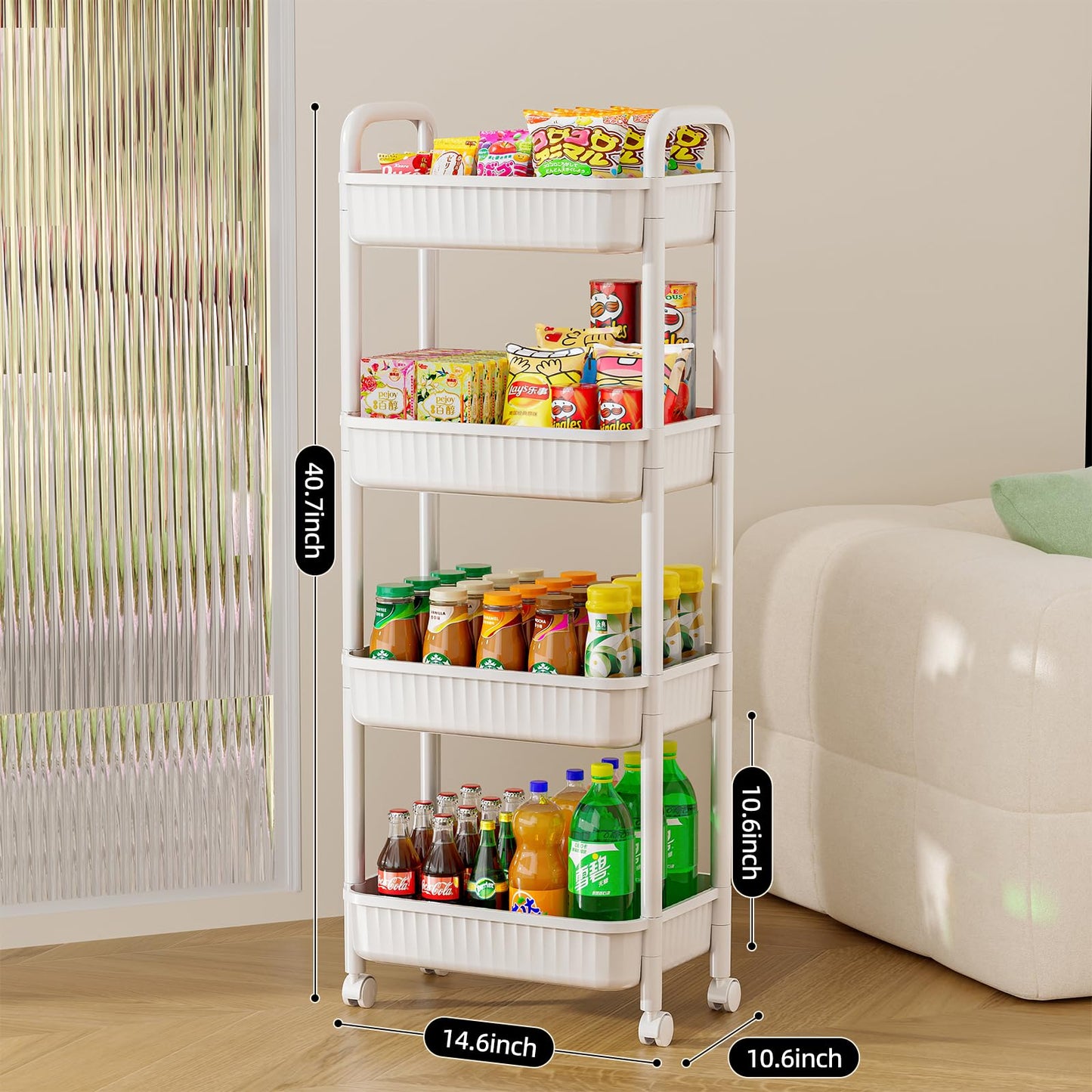 4 Tier Rolling Carts with Wheels, Utility Cart with Handle and Locking Caster, Storage Cart for Kitchen, Office, Bedroom, Suitable for Diaper, Art Tools, Snack, Craft Storage Cabinet, White