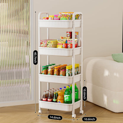 4 Tier Rolling Carts with Wheels, Utility Cart with Handle and Locking Caster, Storage Cart for Kitchen, Office, Bedroom, Suitable for Diaper, Art Tools, Snack, Craft Storage Cabinet, White