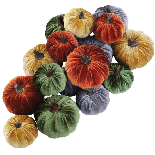 16 Pcs Assorted Small Faux Rustic Harvest Velvet Pumpkins Decorative Rust Orange Gold Olive Gray Fabric Pumpkins Foam Pumpkins Farmhouse Fall Thanksgiving Halloween Table Centerpiece Decor