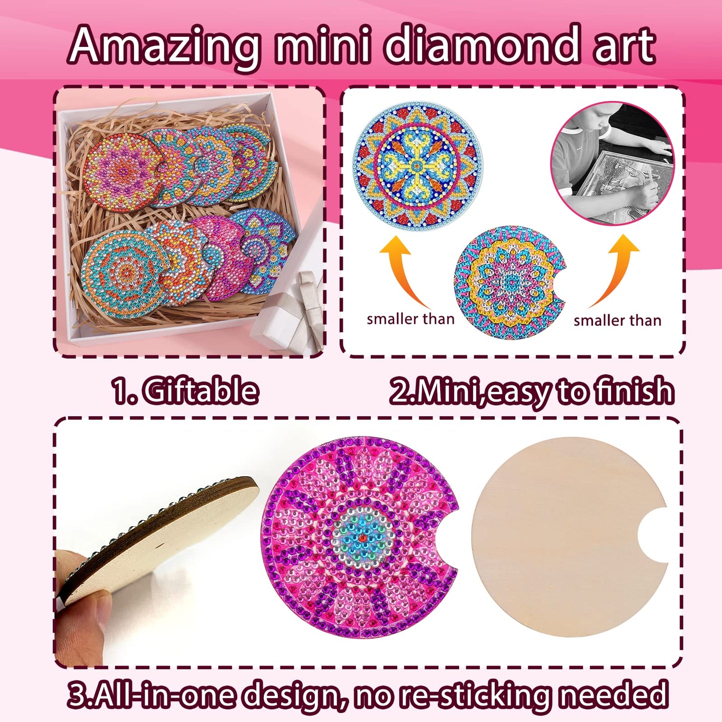 8 Pcs Diamond Art for Car Coasters, 2.8 Inches Diamond DIY Coasters, Mandala Crafts for Adults
