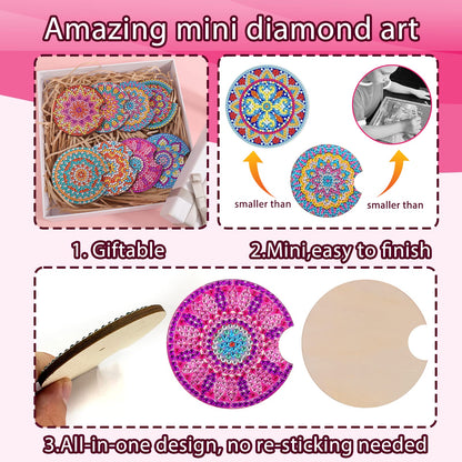 8 Pcs Diamond Art for Car Coasters, 2.8 Inches Diamond DIY Coasters, Mandala Crafts for Adults