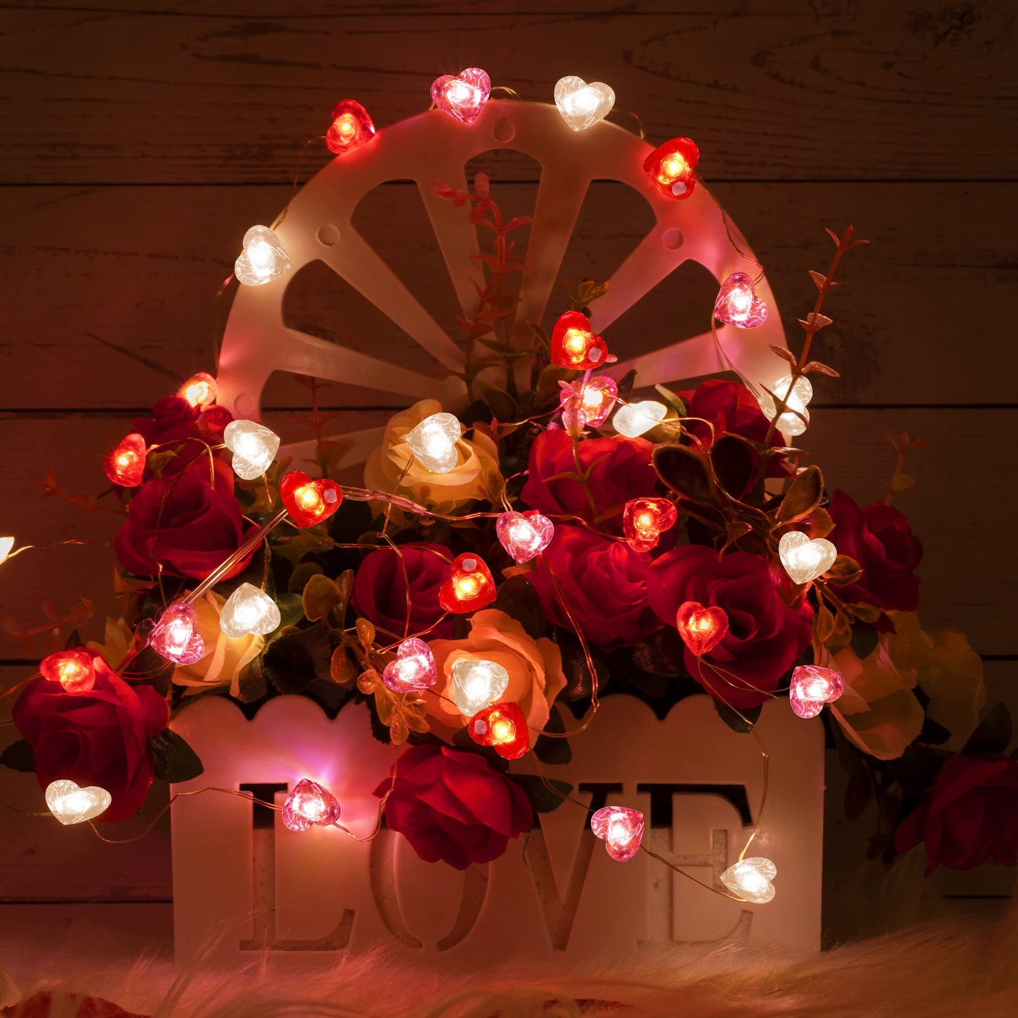 Fairy String Lights 10 Feet LED Red Pink White Heart Shaped Twinkle Fairy Lights 8 Modes Battery Operated for Valentine‘s Day Kids Bedroom Christmas Wedding Indoor Party Decor with Timer