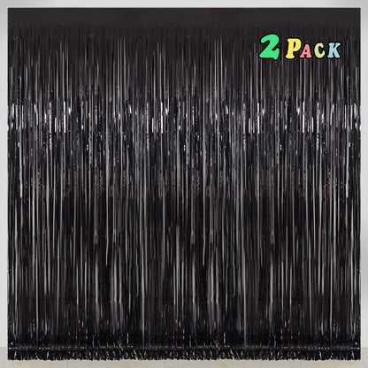 Black [Tinsel] Foil Fringe [Curtain] s, Melsan 3.2 x 8 ft Streamer Backdrop for Birthday, Graduation, Fiesta, Halloween [Party] Decor - Pack of 2