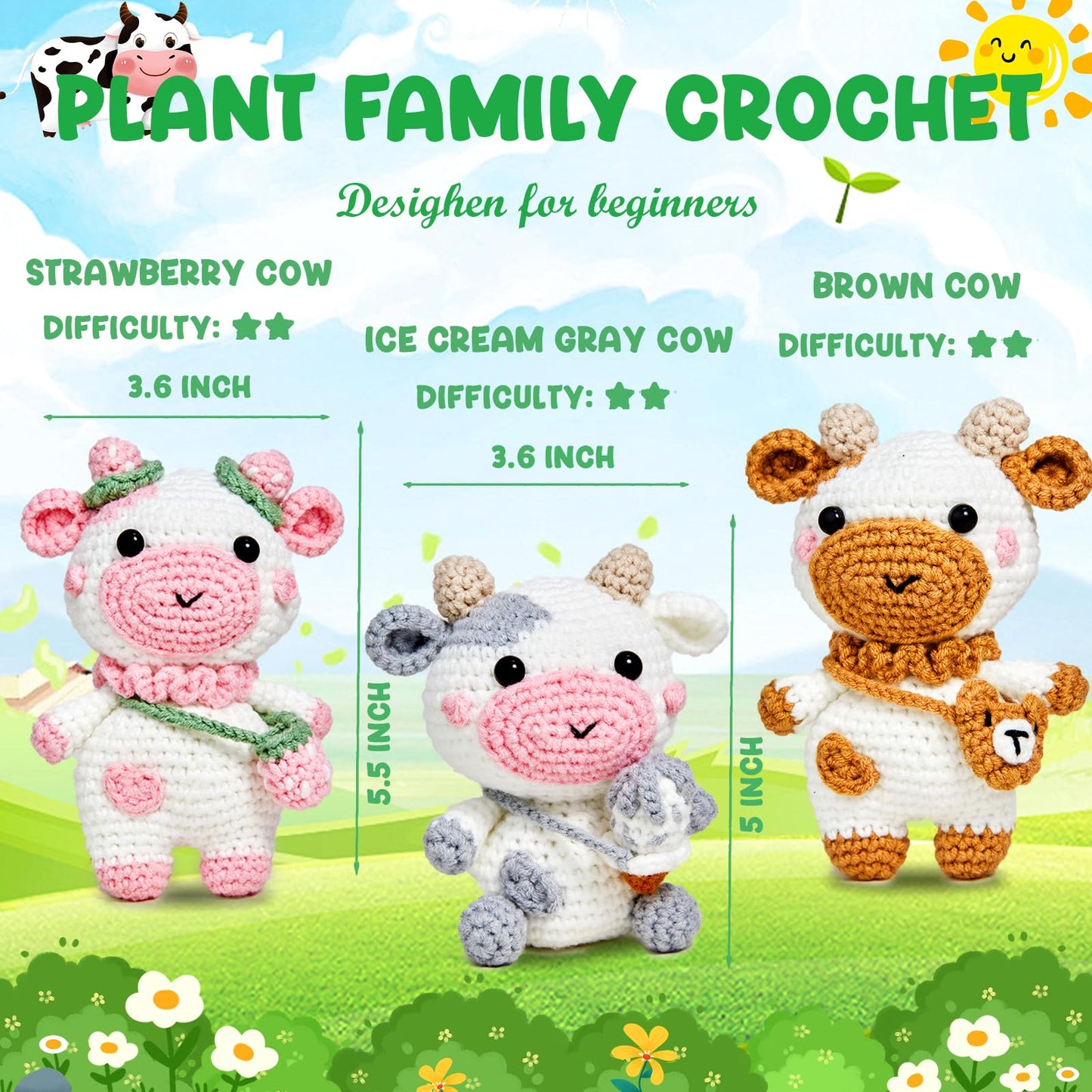 Crochet Kit for Beginners, Crochet Starter Kits for Adults w Step-by-Step Video Tutorials, Amigurumi Craft DIY Knitting Supplies, Crocheting Animals Kits, 3 Pcs Cow (40%+ Yarn)