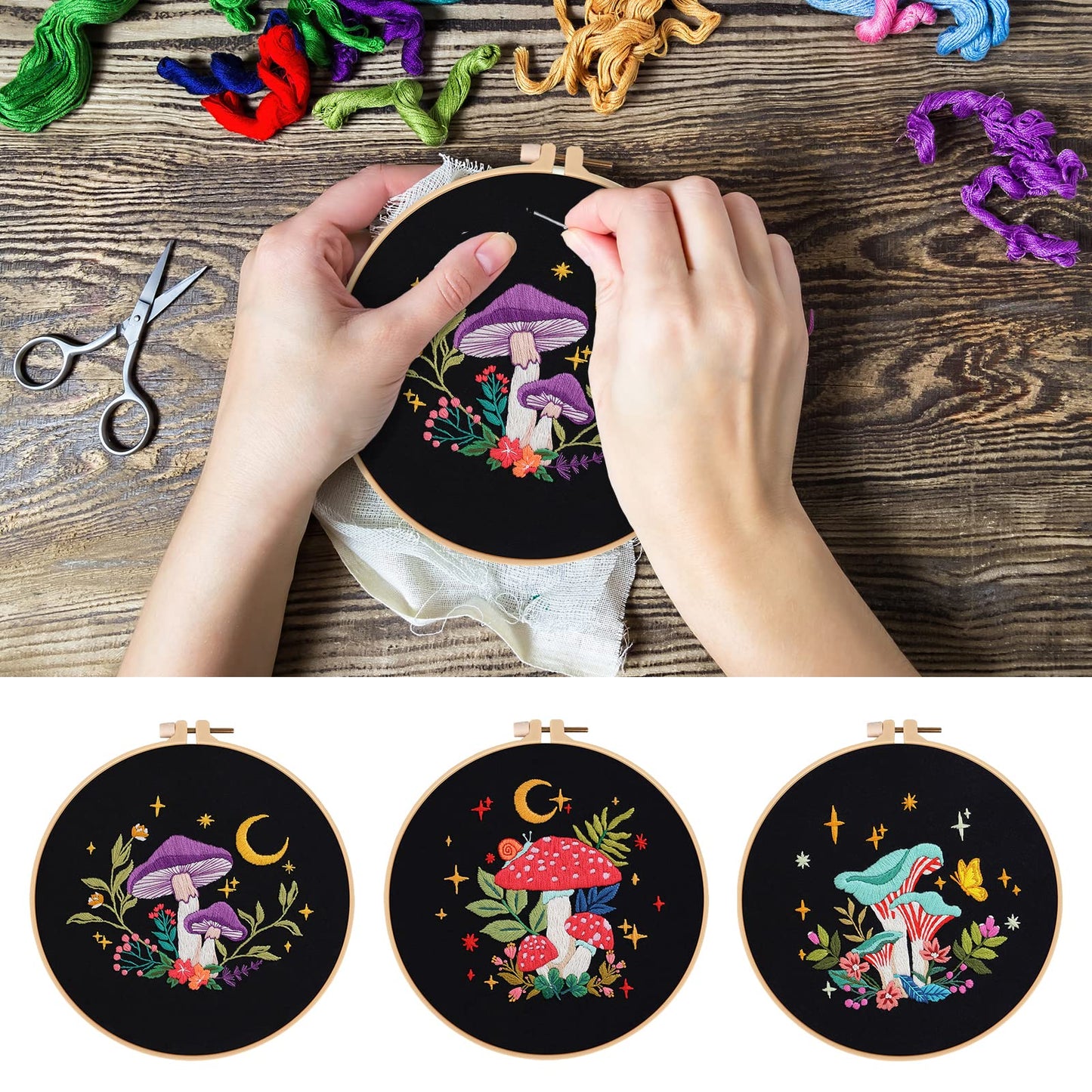 3 Pack Embroidery Kit for Adults Beginners, Stamped Cross Stitch Mushroom Patterns with Hoop, Thread, Needles & Step-by-Step Guide Easy DIY Starter Kit