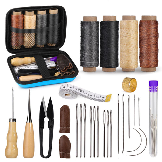 Leather Sewing Kit, Leather Stitching Kit with Sewing Awl, Needles, Waxed Thread, Upholstery Repair Kit, Heavy Duty Sewing Tools for Hand Stitching Car Seats, Sofa, Carpets, Shoes, DIY Craft
