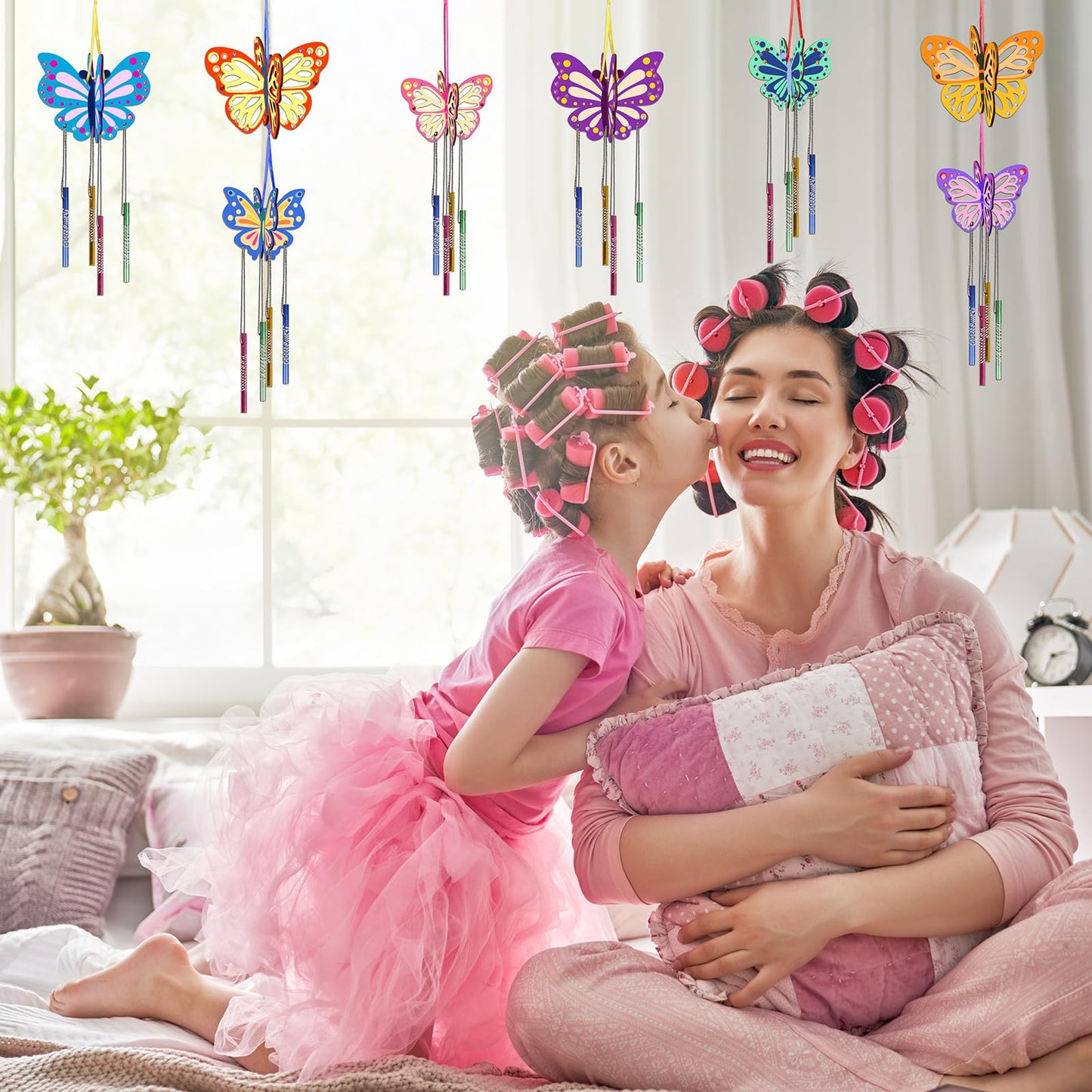 8 Pack 3D Butterfly Wind Chime Kit for Kids Make Your Own Butterfly Wind Chime Wooden Arts and Crafts for Kids DIY to Paint Butterfly Craft for Summer Spring Art Activity Birthday Party