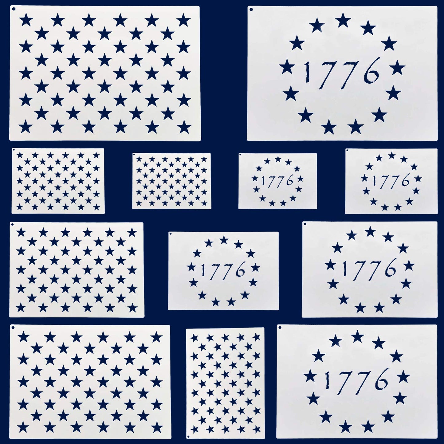 American Flag 50 Star Stencils and 13 Stars 1776 Templates, American Flag Templates, Ideal for Painting on Wood, Fabric, Paper, Walls [6 Sizes, 2 Styles]