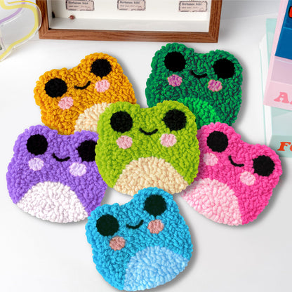 Frog Punch Needle Coaster Kit - 22Pcs Crafts Punch Needle Coasters Kits for Beginners, 6 Colors Frog Coaster Tufted Rug Pads with Adhesive Felt Yarns Embroidery Hoop Instruction
