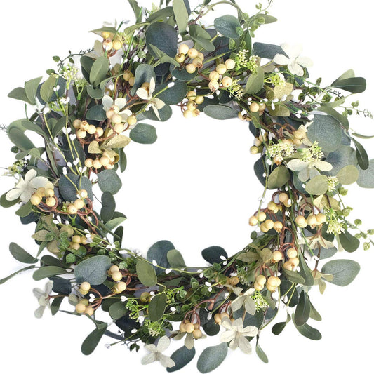 20Inch Artificial Eucalyptus Berry Wreath Green Leaf Eucalyptus Wreaths Spring Summer Wreath for Front Door Window Hanging Wall Party Decorations (20in)