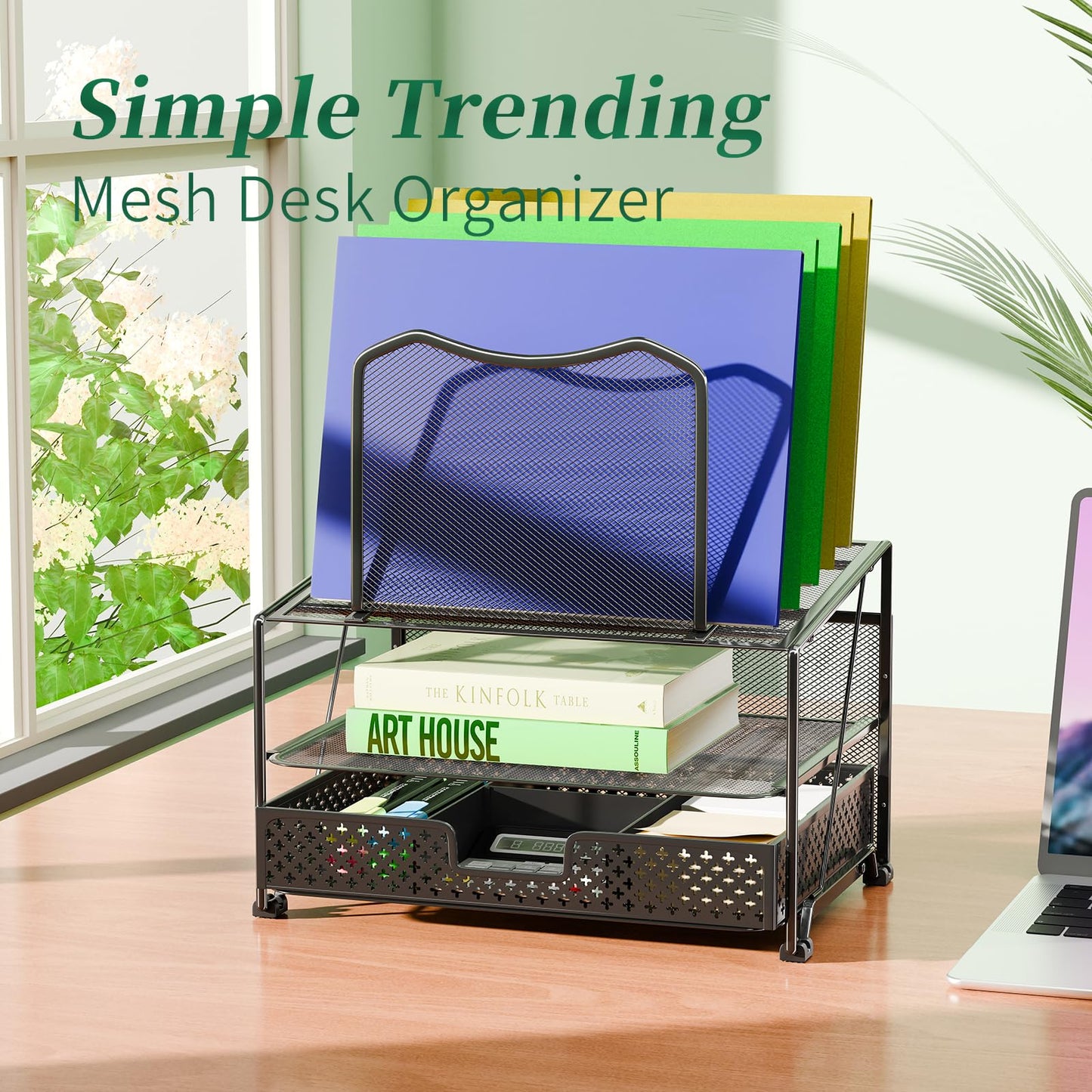 Mesh Desk Organizer with Sliding Drawer, Double Tray with 5 Sections File Bookshelf, Black