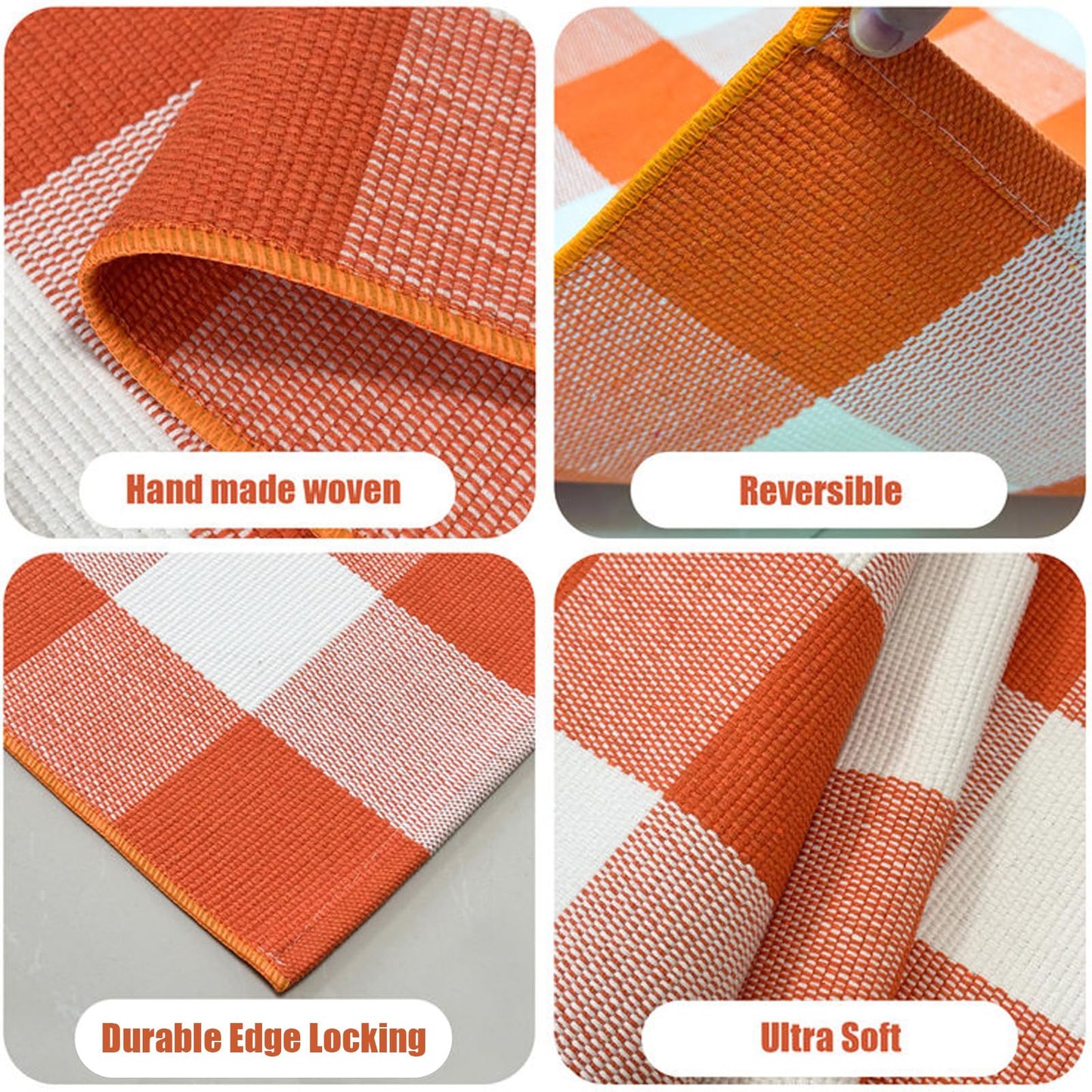 Buffalo Plaid Check Rug Orange and White Cotton Rug 27.5"x43.3" Machine Washable Outdoor Rugs Layered Doormats for Porch Kitchen Farmhouse