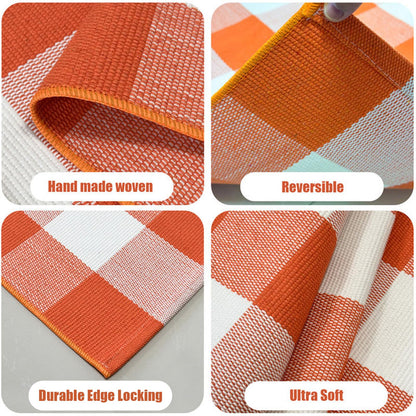 Buffalo Plaid Check Rug Orange and White Cotton Rug 27.5"x43.3" Machine Washable Outdoor Rugs Layered Doormats for Porch Kitchen Farmhouse