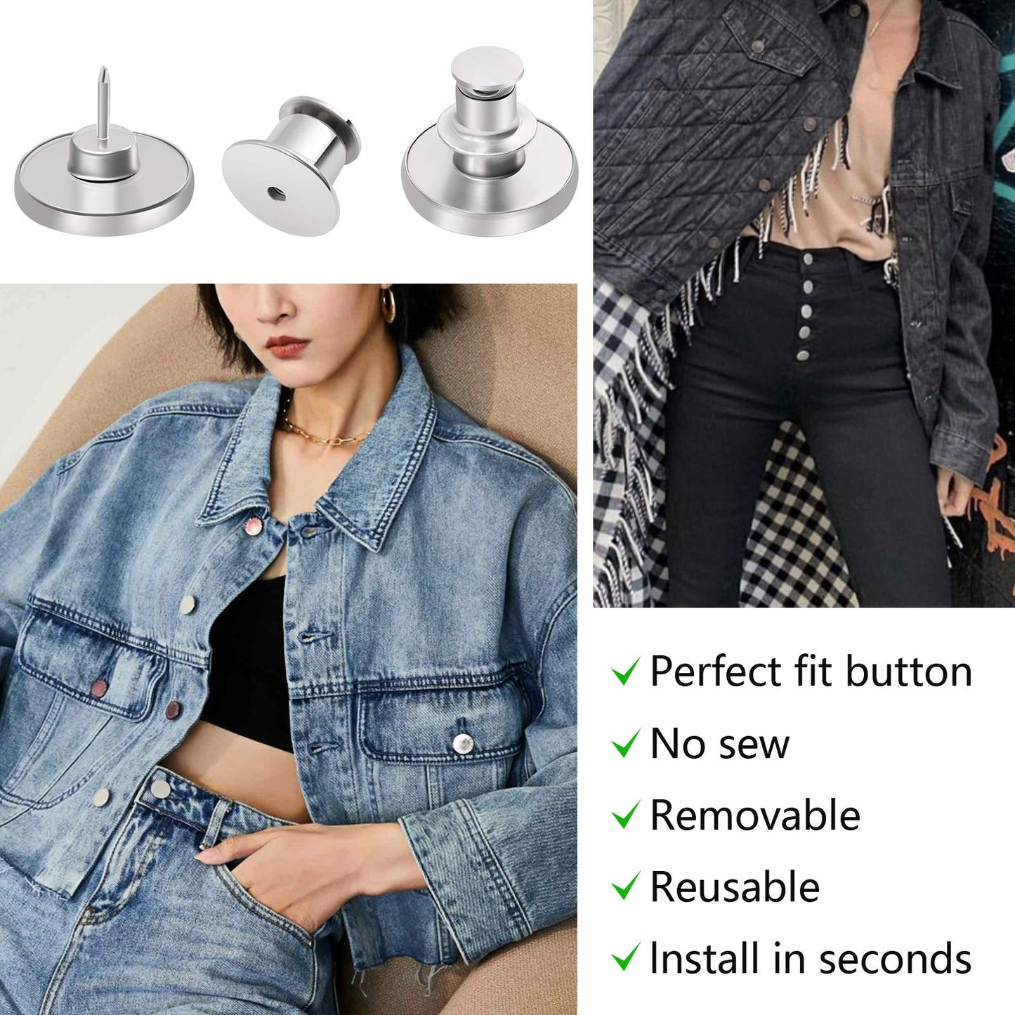 12 Sets Button Pins for Loose Jeans, No Sew and No Tools Instant Replacement Snap Tack Pant Button, Ceryvop Reusable and Adjustable Metal Pants Button Tightener