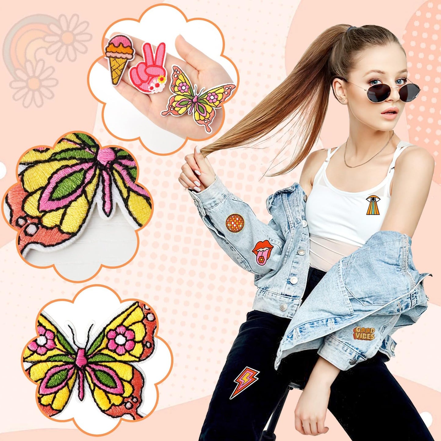 60pcs Hippie Embroidered Patches Random Assorted Styles Hippie Theme Iron on Patches for Girls, Wonmen DIY Sew Applique Repair Patch Cute Sew on Patches for Backpacks Pants Clothes Jeans