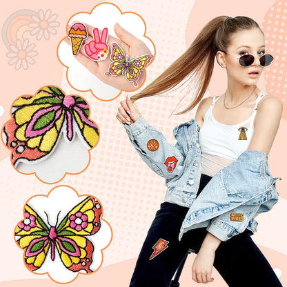 60pcs Hippie Embroidered Patches Random Assorted Styles Hippie Theme Iron on Patches for Girls, Wonmen DIY Sew Applique Repair Patch Cute Sew on Patches for Backpacks Pants Clothes Jeans