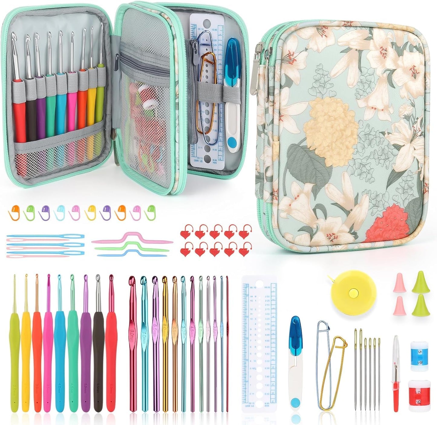 Crochet Hooks Set with Crochet Case, 73 pcs Knitting Accessories Ergonomic Crochet Hook for Making Bag, Glovers, Sock, Colorful Soft Handle Knitting Needles Kits DIY Hand Tool