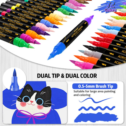72 Colors Acrylic Paint Pens, 36 Pack Dual Tip Acrylic Paint Pens Markers for Rock Painting, Wood, Stone, Canvas, Ceramic, Glass Surfaces, DIY Crafting & Art Supplies