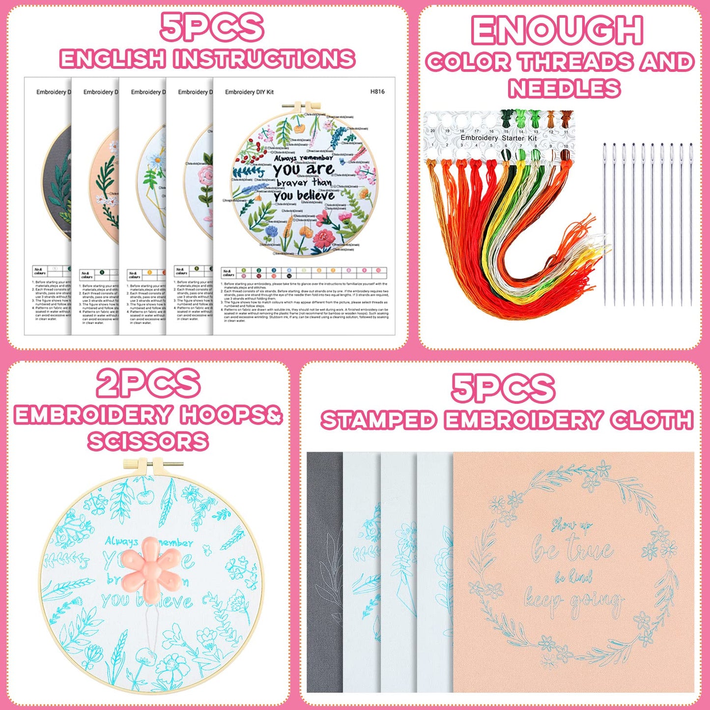 5 Sets Inspired Quote Embroidery Kit for Beginner Adult Motivational Embroidery Starter Set Floral Cross Stamped Needlepoint Kit Hoops Thread Needles for Adults Craft Lover