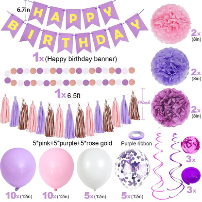 Purple Pink Party Decorations for Women Girls With Happy Birthday Banner, Hanging Swirls, Tissue Paper Pompoms, Circle Dots Garland, Tassel Garland, Purple Balloons