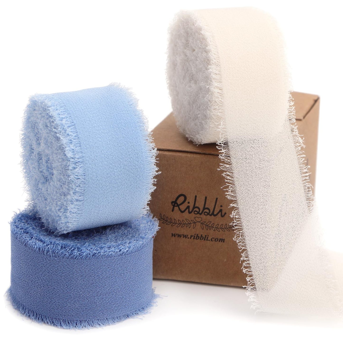 Blue Ribbon 1 Inch x 3 Rolls Total 24 Yards Cream/Blue/Dusty Blue Handmade Fringe Chiffon Silk Ribbon for Wrapping Wedding Invitations Bridal Bouquets DIY Crafts Home Decor