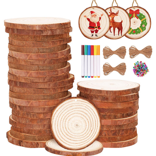 Natural Wood Slices 30Pcs 2.4-2.8'' Craft Wood Kit Christmas Ornaments Unfinished Predrilled with Hole Wooden Circles for Arts and Crafts Christmas Holiday Ornaments DIY Crafts