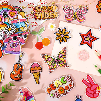 60pcs Hippie Embroidered Patches Random Assorted Styles Hippie Theme Iron on Patches for Girls, Wonmen DIY Sew Applique Repair Patch Cute Sew on Patches for Backpacks Pants Clothes Jeans
