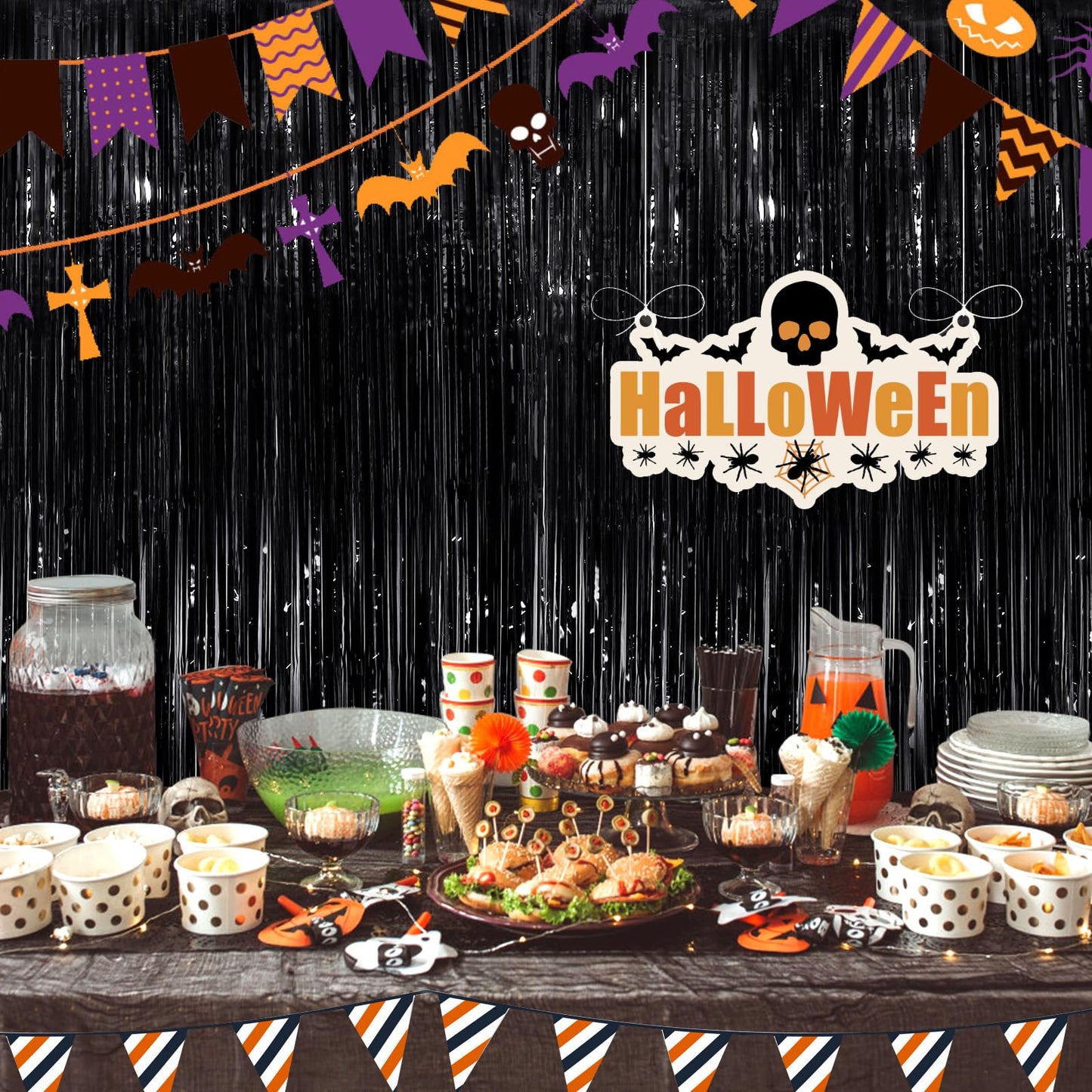 Black Fringe Curtain Party Streamers 2Pack 3.3x8.3 Ft Foil Fringe Backdrop Curtains for Birthday Wedding Bridal Baby Shower Halloween Decor Tinsel Streamers Black Party Decorations Door Streamers