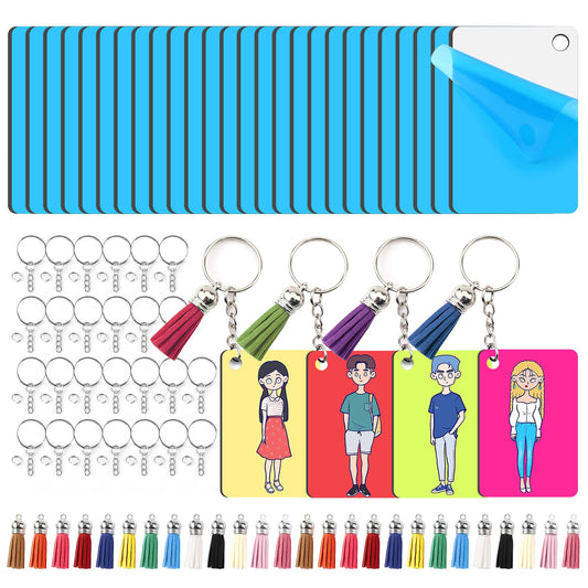 Sublimation Keychain Blanks - 120Pcs with Blue Protective Film - MDF Rectangle Keychain with Tassels - Heat Transfer Double Sided