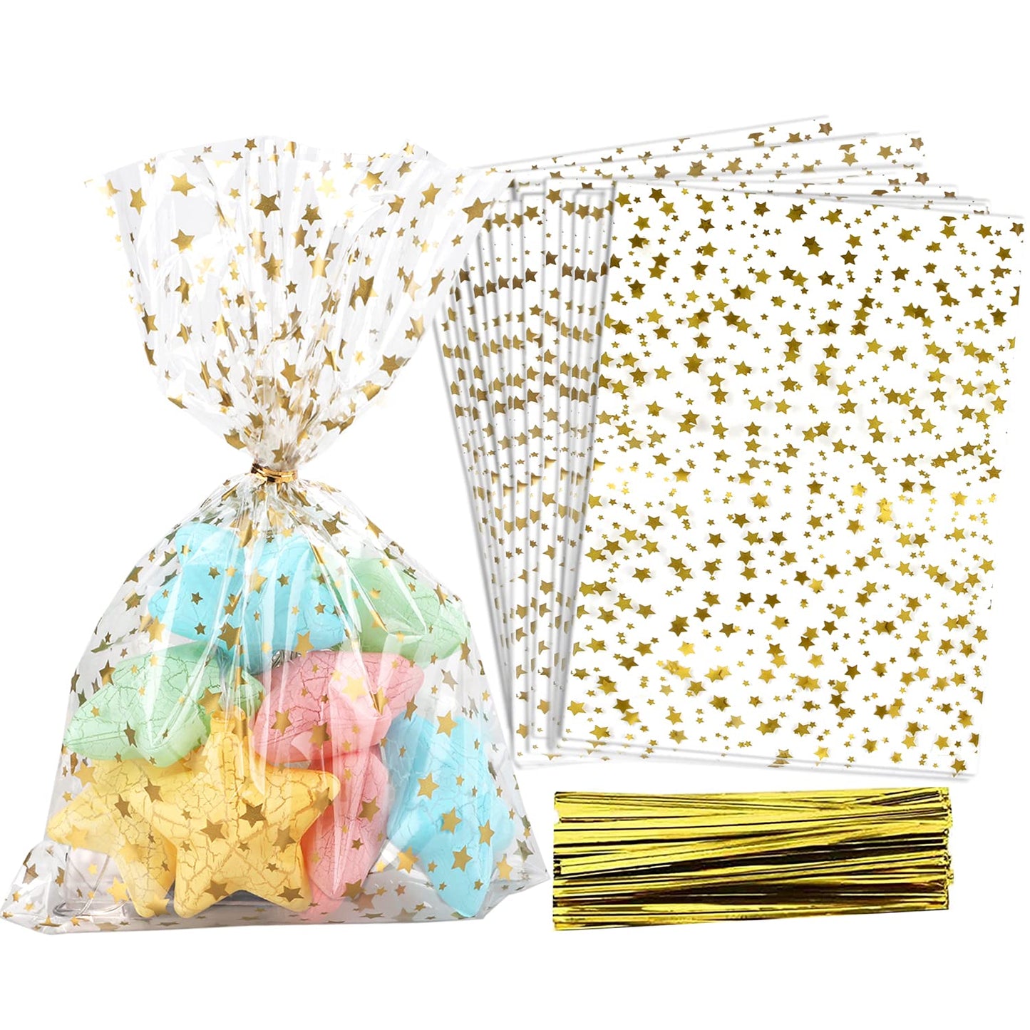 100 Pcs Star Printed 5"X 7" Gift Wrap Cello Cellophane Treat Bags Party Favor bags Clear Candy Cookie Bags Plastic Poly Goodie Storage Bags with Twist Ties for Bakery,Birthday, Wedding ,Party Decorations (Gold)