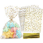 100 Pcs Star Printed 5"X 7" Gift Wrap Cello Cellophane Treat Bags Party Favor bags Clear Candy Cookie Bags Plastic Poly Goodie Storage Bags with Twist Ties for Bakery,Birthday, Wedding ,Party Decorations (Gold)