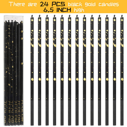24 Pack Long Thin Birthday Candles for Cakes, Cupcakes, Weddings, Anniversaries, Graduations, Retirement Parties - Decorative Cake Candles for All Celebrations(Black Gold)