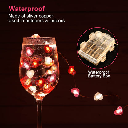 Fairy String Lights 10 Feet LED Red Pink White Heart Shaped Twinkle Fairy Lights 8 Modes Battery Operated for Valentine‘s Day Kids Bedroom Christmas Wedding Indoor Party Decor with Timer