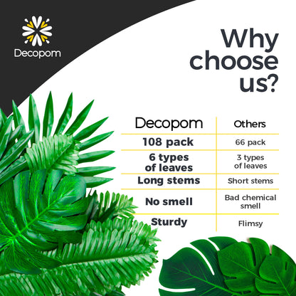 108 Pack Palm Leaves Artificial Tropical Monstera - 6 Kinds Large Small Green Fake Palm Leaf with Stems for Safari Jungle Hawaiian Luau Party Table Decoration Wedding Birthday Theme Party Decorations