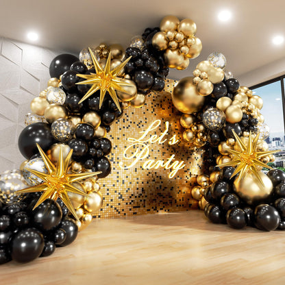 Black and Gold Balloons Garland Arch Kit, 5 10 12 18inch Black Gold Confetti Latex Balloons for 2024 Graduation New Year Anniversary Birthday Party Decorations