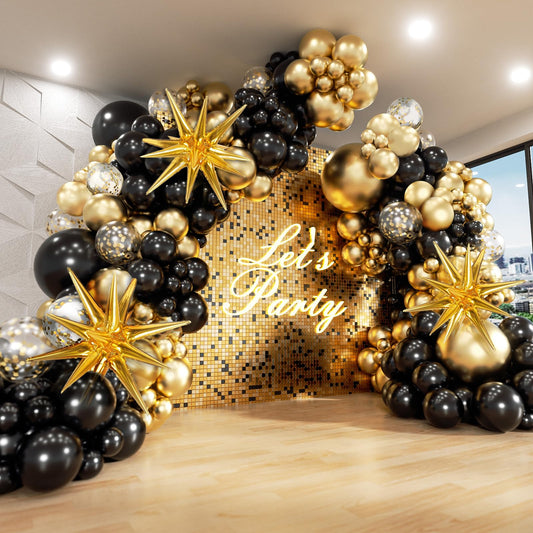 Black and Gold Balloons Garland Arch Kit, 5 10 12 18inch Black Gold Confetti Latex Balloons for 2024 Graduation New Year Anniversary Birthday Party Decorations