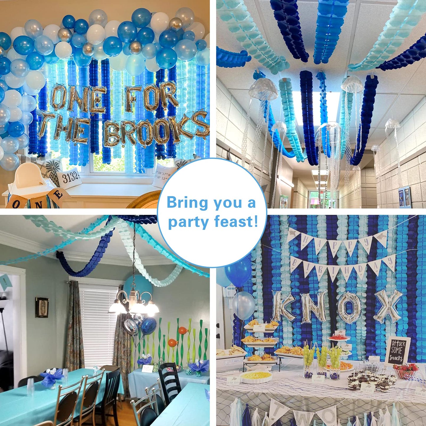 6pcs Four-Leaf Clover Garland Party Blue and White Streamers Tissue Paper Hanging Flower Garland for Frozen Party Baby Shower Decoration