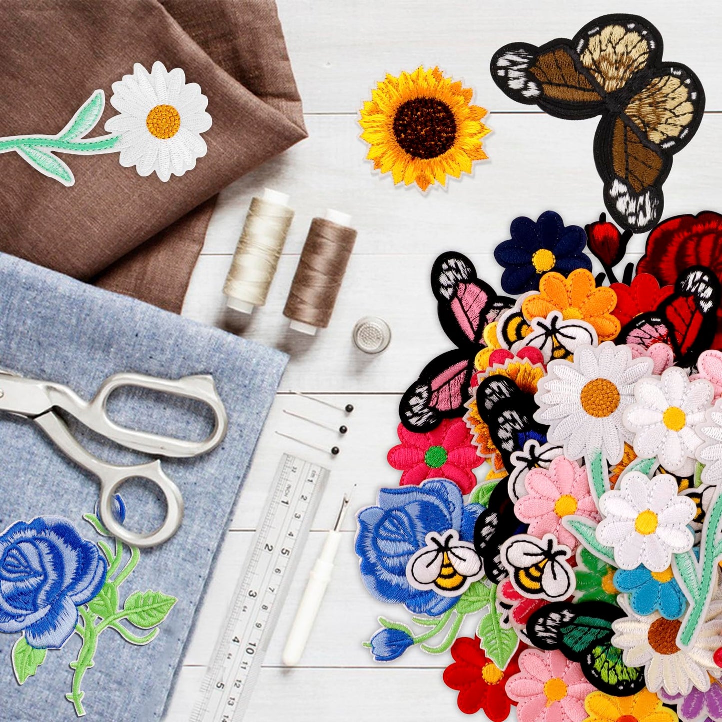 72 Pcs Embroidered Iron On Patches for Clothing, Butterfly Flower Iron On Patches Set, Bee Rose Daisy Embroidered Patches, Applique Patches for Clothes, Jackets, Jeans, Backpacks