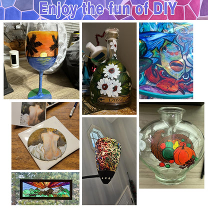 Acrylic Glass Paint Set with 6 Brushes, 1 Palette, 12 Colors Stain Glass Paints for Wine Glass, Waterproof Acrylic Enamel Paint Kit to Create Translucent Arts on Porcelain, Window & Ceramic