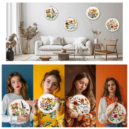 4 Sets Embroidery Kit for Beginners with Stitch Video, Flower Cross Stitch Kits for Adults, Starter, Hand Craft Lover Practice with Floral Stamped Pattern, 2 Hoops, 16 Needles, Scissors, Tools