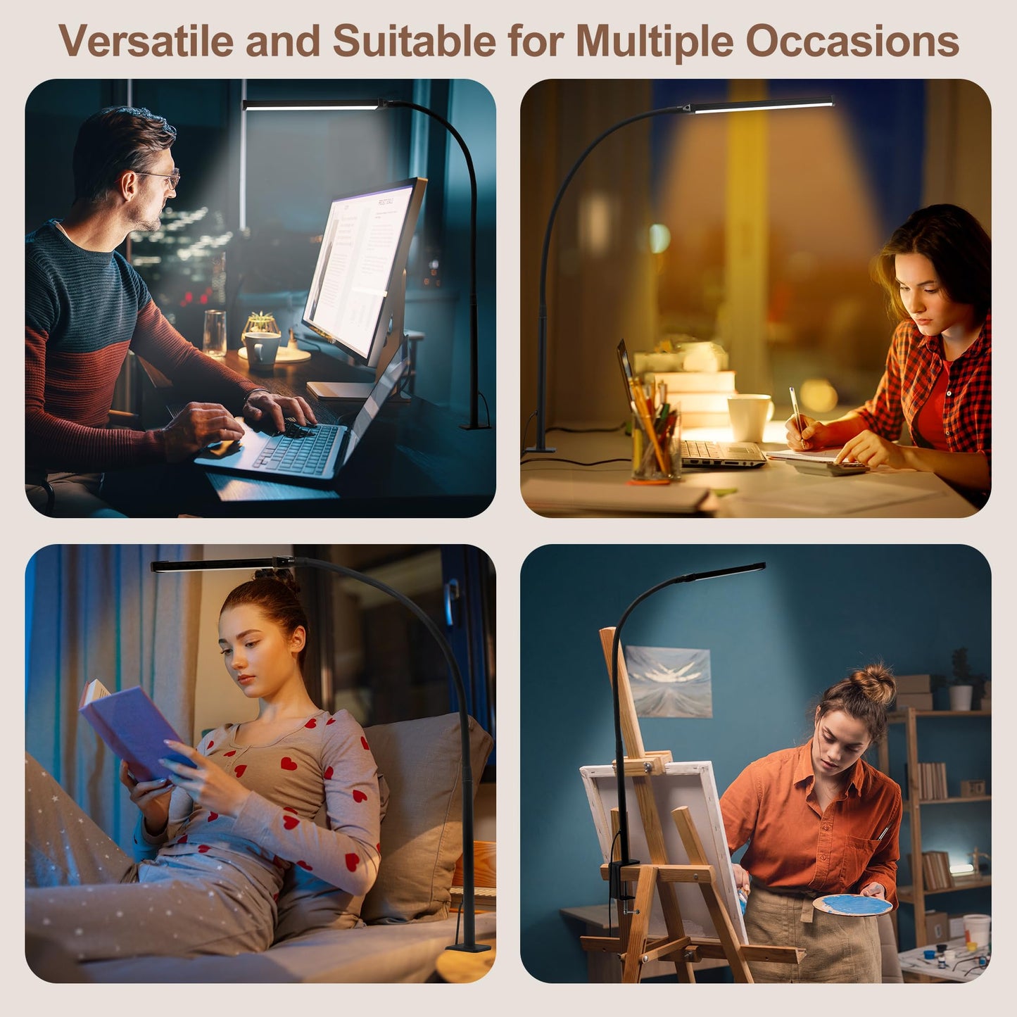 Led Desk Lamp for Home Office, Eye-Caring Desk Light with Clamp, Clip on Light for Reading, 3 Modes 10 Brightness, Flexible Gooseneck, Memory Function, Study, Work, Draw, Black