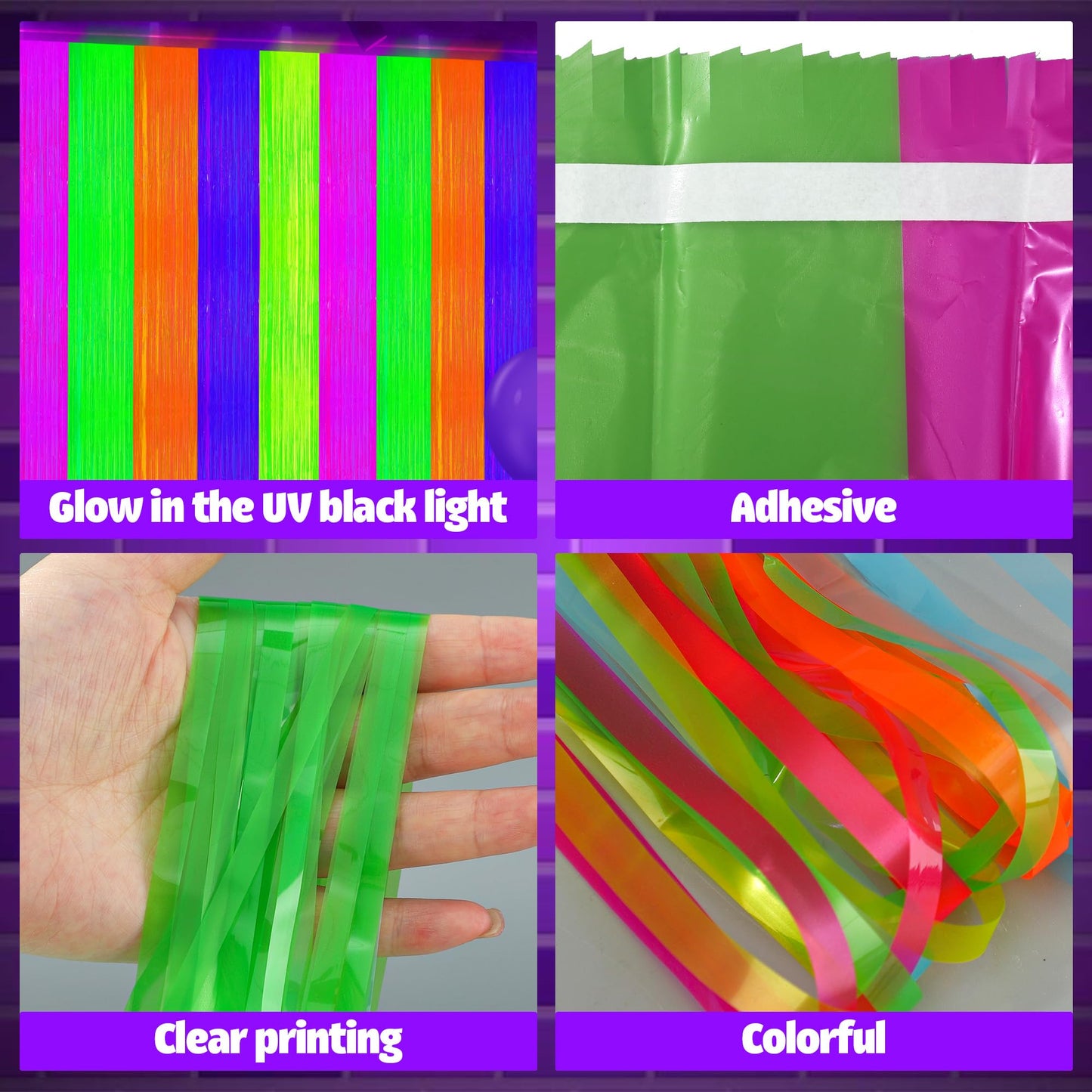 2 Pack Neon Foil Fringe Curtains Glow in The Dark Tinsel Streamers Fluorescent Macaron Foil Fringe Backdrop Neon Party Photo Booth Prop for Glow Birthday Wedding Blacklight Party Decor, 3.3 x 6.6 Ft